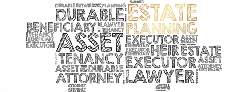 Estate planning word cloud in black and gold.