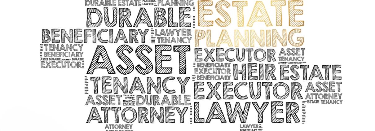 Estate planning word cloud with legal terms.