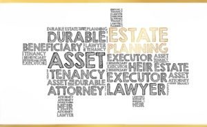 Estate planning word cloud with legal terms.