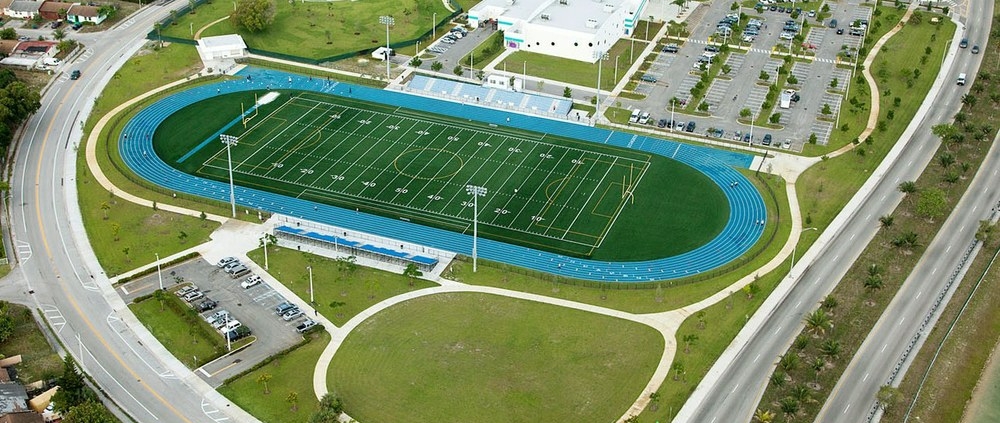 Aerial view of sports field and track.