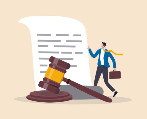 Gavel, document, and businessperson illustration.
