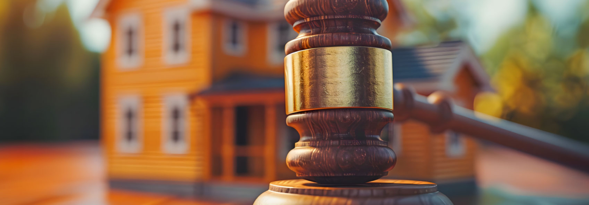 Gavel in front of miniature house model.