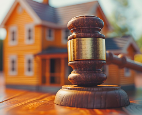 Gavel in front of miniature house model.