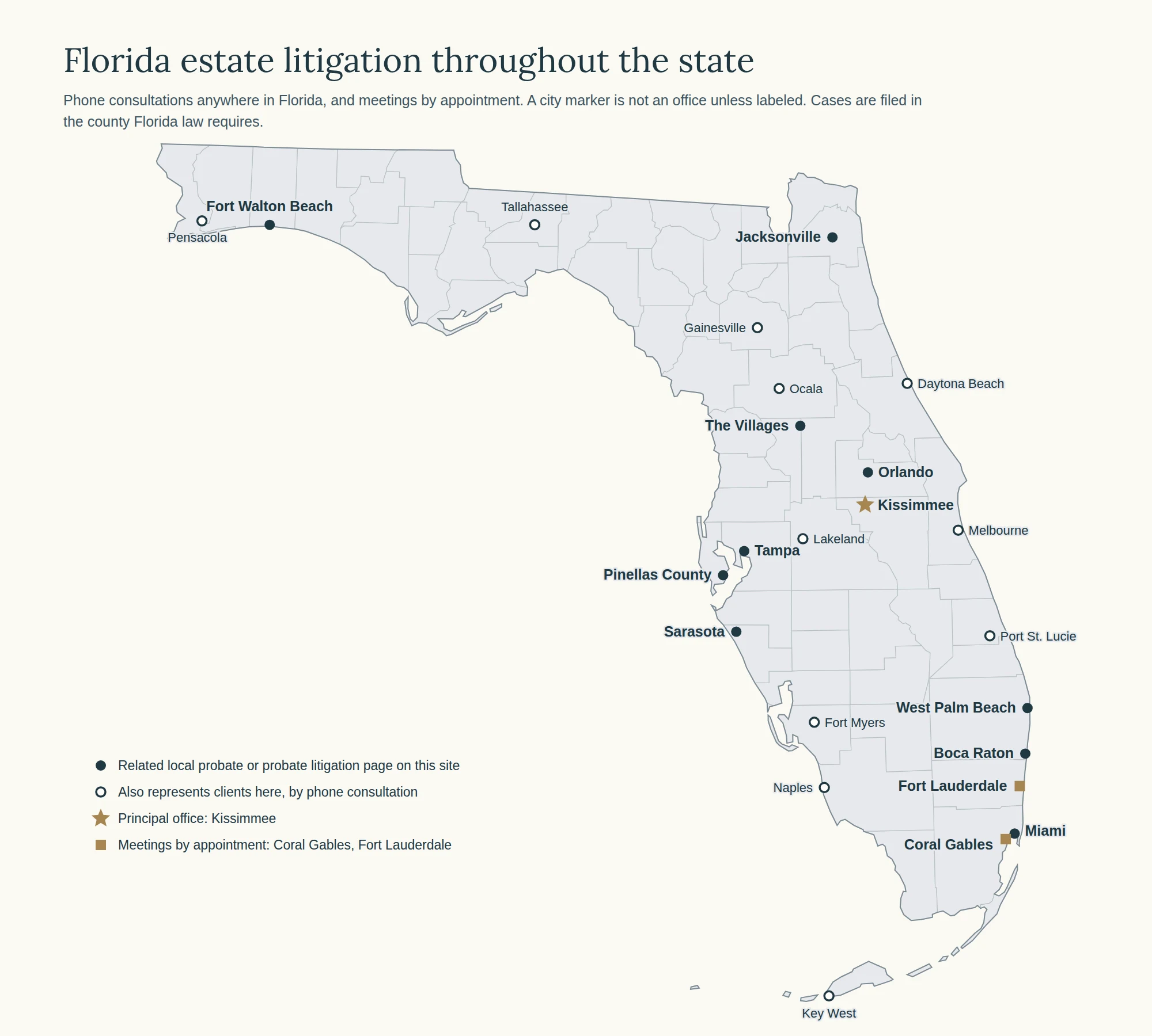 Map of Florida counties marking the principal office in Kissimmee, by-appointment meeting locations in Coral Gables and Fort Lauderdale, cities with related local pages, and other cities where Lorenzo Law represents clients