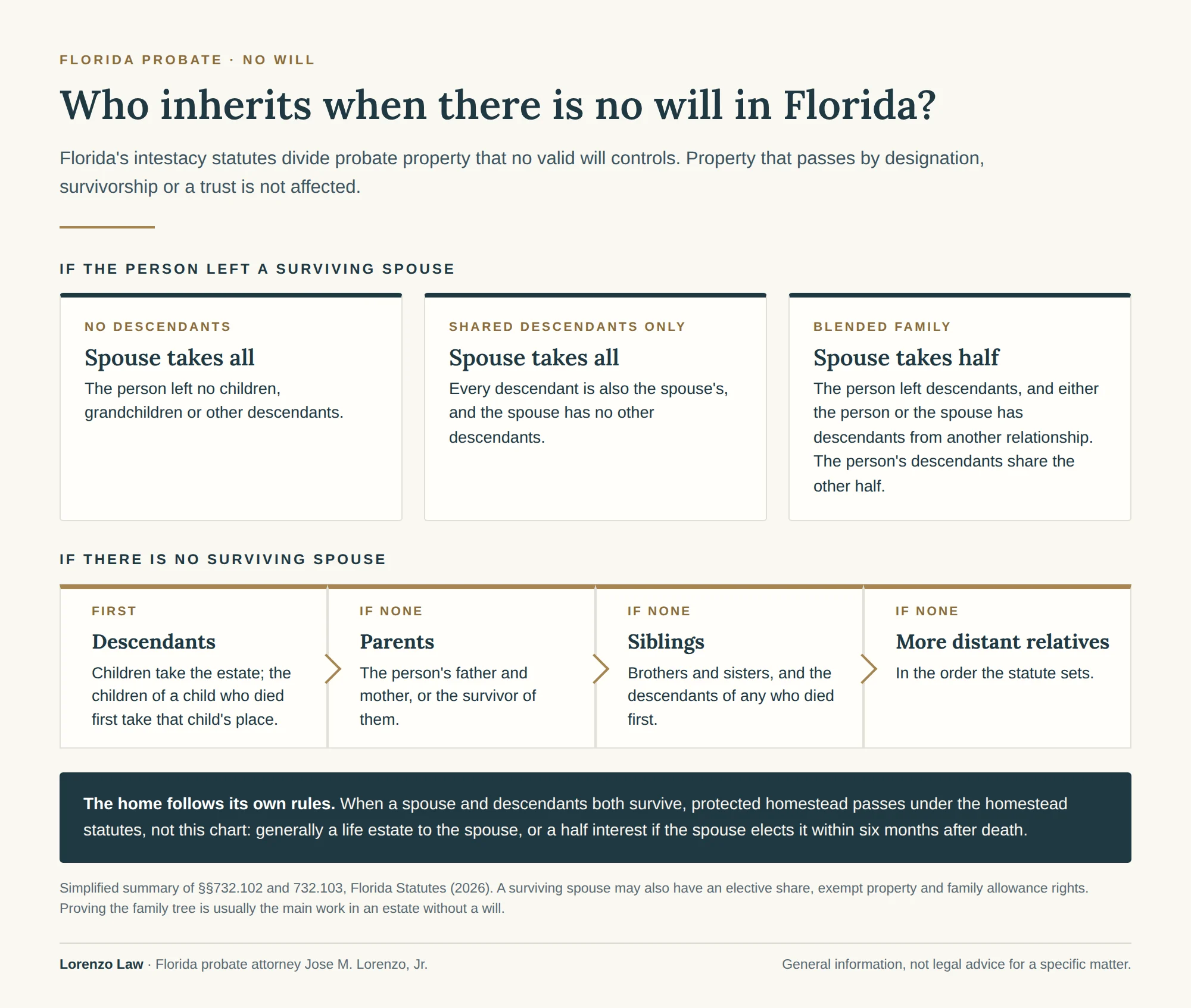 Who inherits when there is no will in Florida: the surviving spouse's share in three family situations, and the order of descendants, parents, siblings and more distant relatives