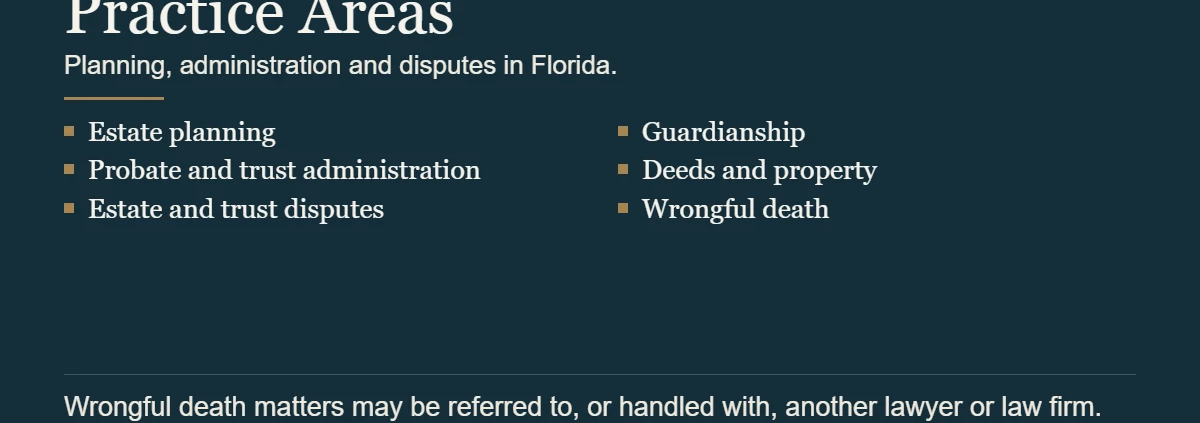 Florida practice areas of Lorenzo Law, attorney Jose M. Lorenzo, Jr.: estate planning, probate and trust administration, estate and trust disputes, guardianship, deeds and property, wrongful death. Wrongful death matters may be referred to, or handled with, another lawyer or law firm.